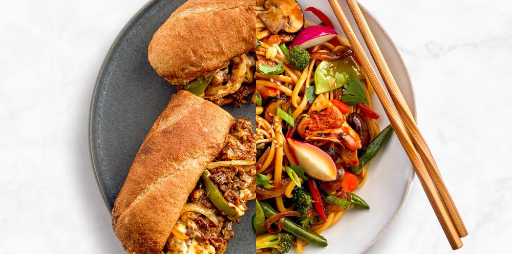 A split photo of a plate of food featuring Caramelized Vegetable Stir-Fry and a Cheesy Beefsteak Hoagie