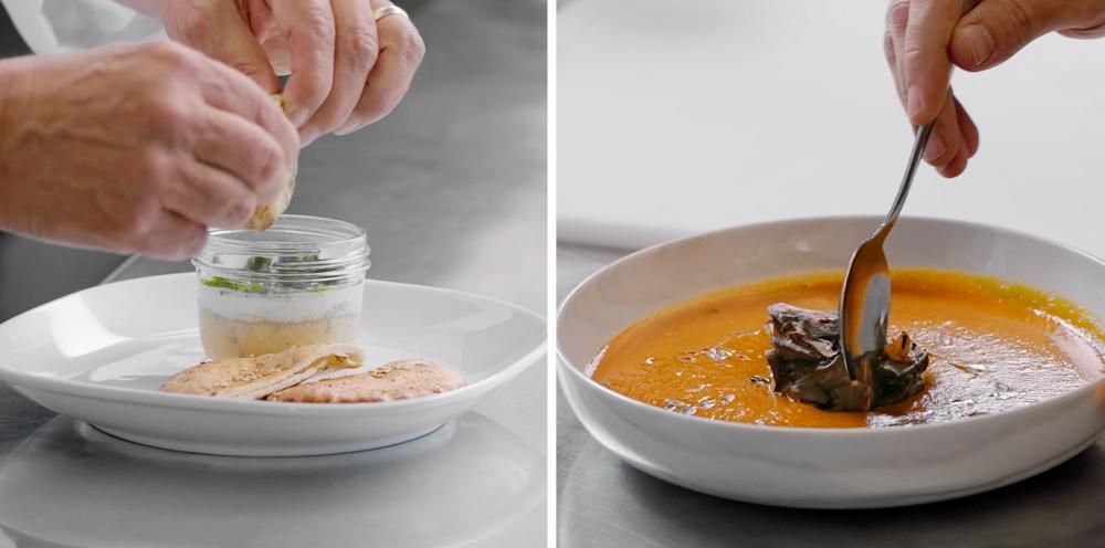 Side-by-side closeups of chefs hands prepping dishes