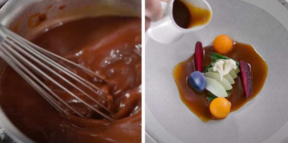Split image. On left a closeup of a whisk stirring a brown sauce. On the right a hand pouring a sauce on a colorful plated dish.