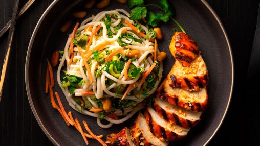 Harissa Noodle Salad with Chicken, Cabbage, Carrots, Peanuts, and Scallions